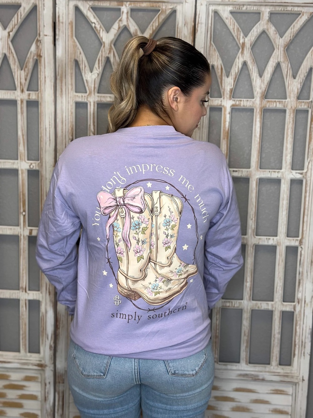 Simply Southern Lavender Long Sleeve Tee with Floral Cowboy Boot Graphic